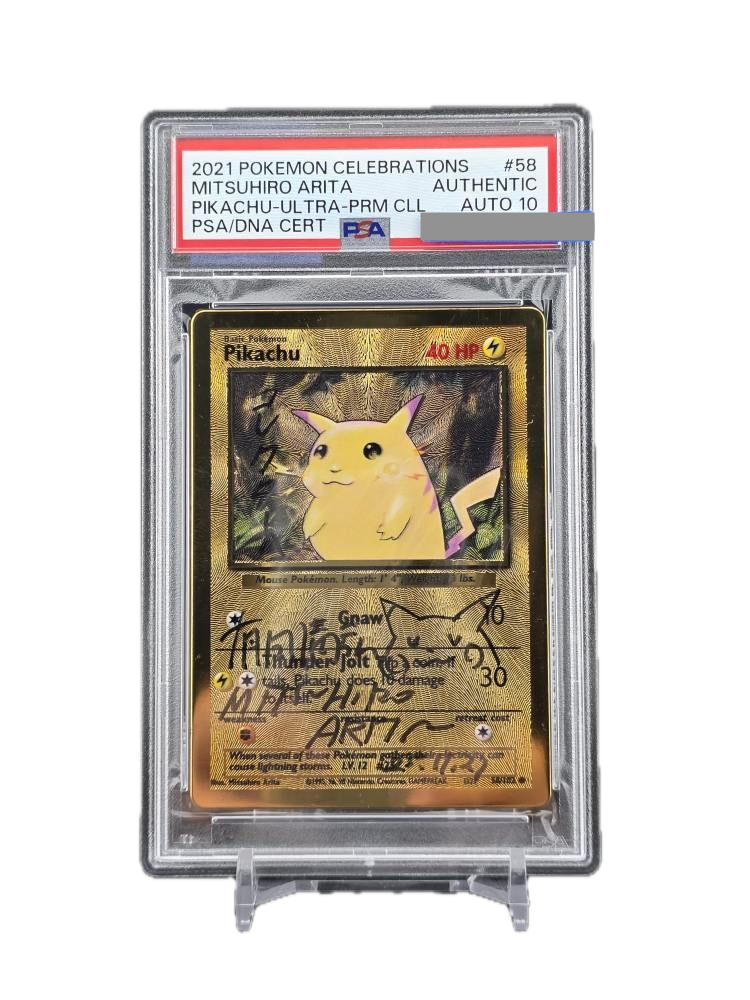 Arita original drawing and signature on gold‑plated Pikachu — primary view